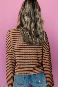 Discount Dear-Lover Textured Frilly Trim Buttons Henley Long Sleeve Top Brown Stripe