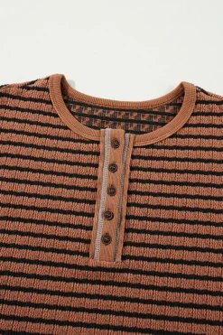 Discount Dear-Lover Textured Frilly Trim Buttons Henley Long Sleeve Top Brown Stripe