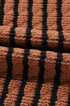 Discount Dear-Lover Textured Frilly Trim Buttons Henley Long Sleeve Top Brown Stripe