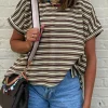 Discount Dear-Lover Textured Side Slits Crew Neck T Shirt Brown Stripe