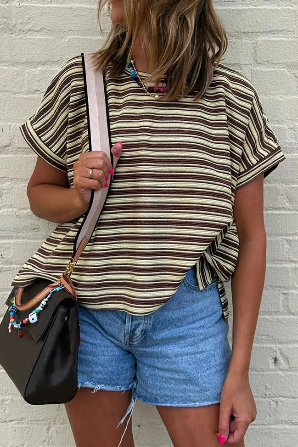 Discount Dear-Lover Textured Side Slits Crew Neck T Shirt Brown Stripe