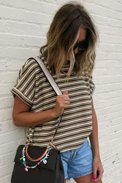 Discount Dear-Lover Textured Side Slits Crew Neck T Shirt Brown Stripe