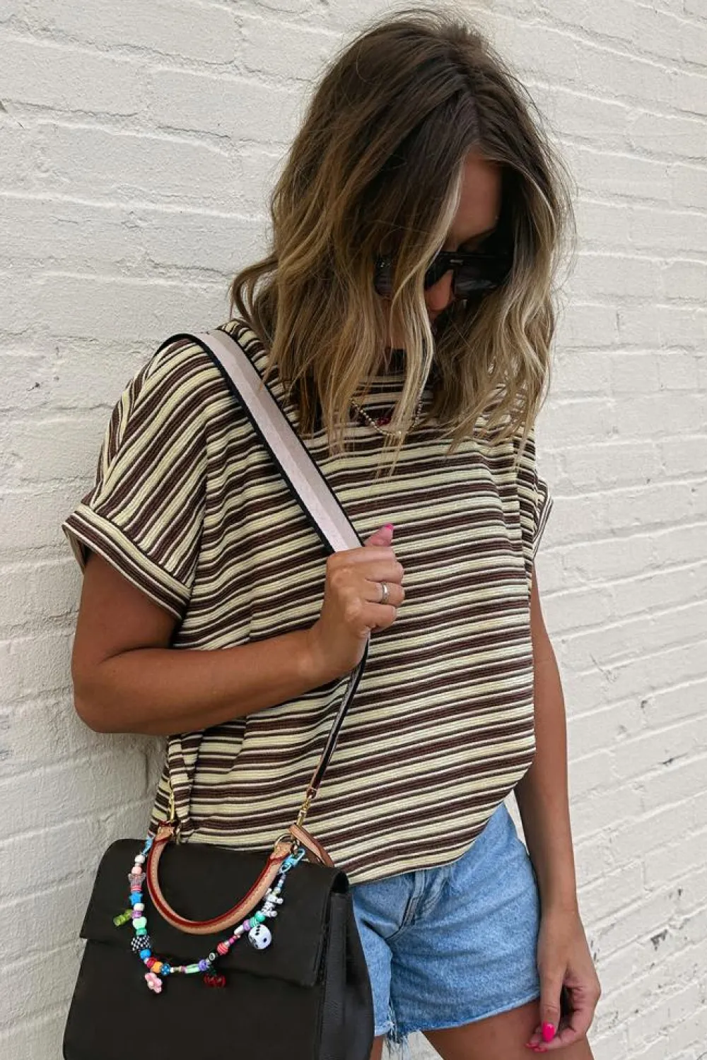 Discount Dear-Lover Textured Side Slits Crew Neck T Shirt Brown Stripe