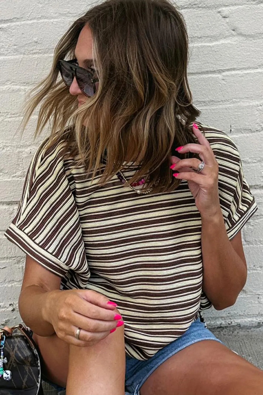 Discount Dear-Lover Textured Side Slits Crew Neck T Shirt Brown Stripe