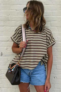 Discount Dear-Lover Textured Side Slits Crew Neck T Shirt Brown Stripe