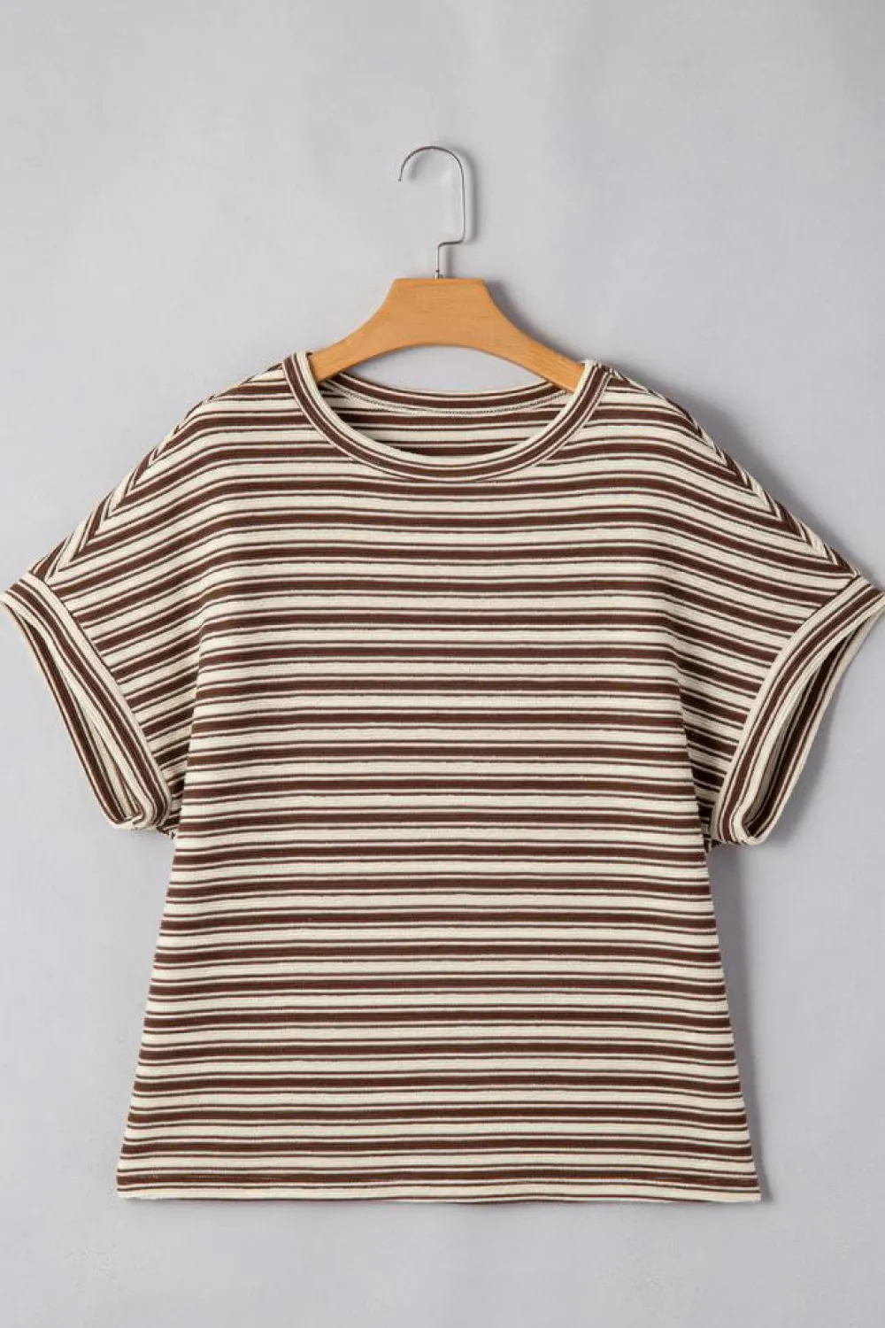 Discount Dear-Lover Textured Side Slits Crew Neck T Shirt Brown Stripe