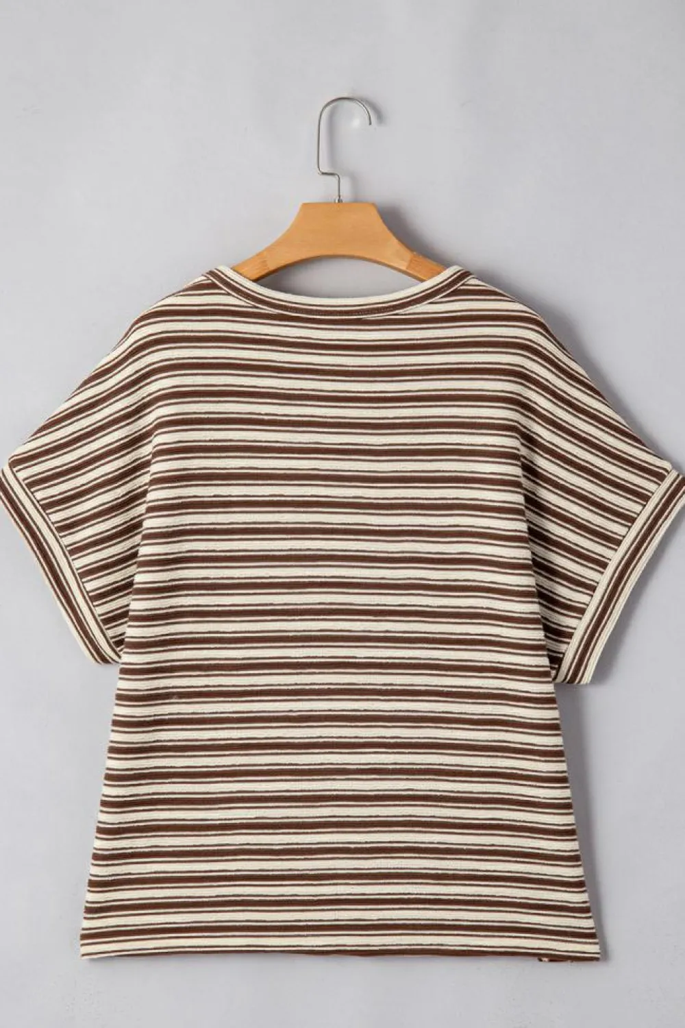 Discount Dear-Lover Textured Side Slits Crew Neck T Shirt Brown Stripe