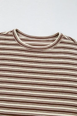 Discount Dear-Lover Textured Side Slits Crew Neck T Shirt Brown Stripe