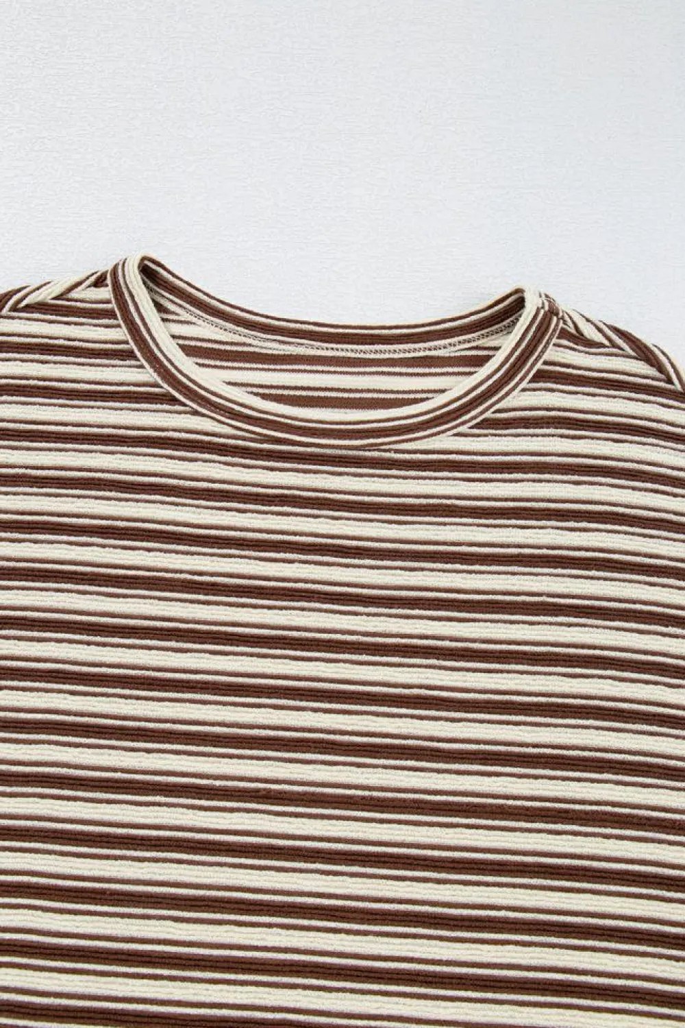 Discount Dear-Lover Textured Side Slits Crew Neck T Shirt Brown Stripe