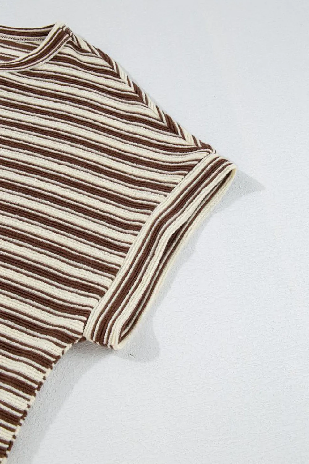 Discount Dear-Lover Textured Side Slits Crew Neck T Shirt Brown Stripe