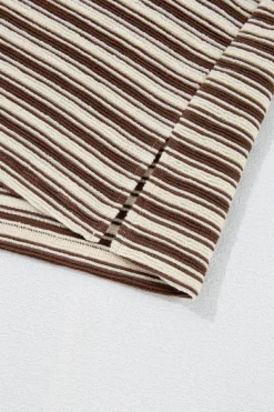 Discount Dear-Lover Textured Side Slits Crew Neck T Shirt Brown Stripe