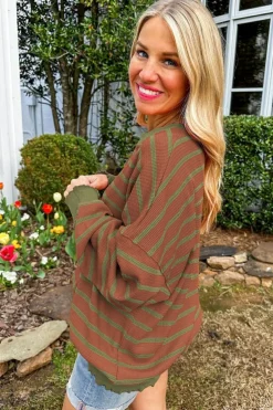 Outlet Dear-Lover Trimmed Round Neck Drop Shoulder Loose Sweater Brown Stripe