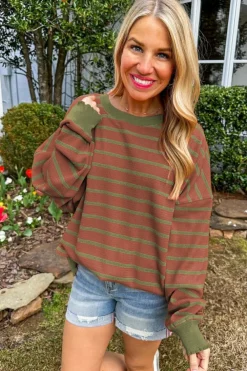 Outlet Dear-Lover Trimmed Round Neck Drop Shoulder Loose Sweater Brown Stripe