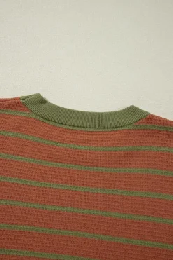 Outlet Dear-Lover Trimmed Round Neck Drop Shoulder Loose Sweater Brown Stripe