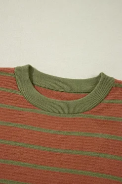 Outlet Dear-Lover Trimmed Round Neck Drop Shoulder Loose Sweater Brown Stripe