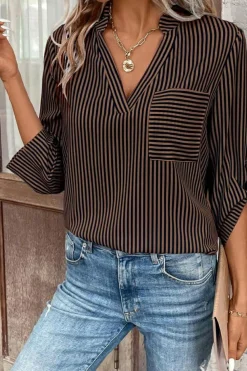 Sale Dear-Lover V Neck Roll Up Sleeve Pocket Patched Classic Shirt Brown Stripe