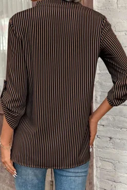 Sale Dear-Lover V Neck Roll Up Sleeve Pocket Patched Classic Shirt Brown Stripe