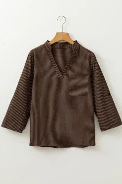 Sale Dear-Lover V Neck Roll Up Sleeve Pocket Patched Classic Shirt Brown Stripe