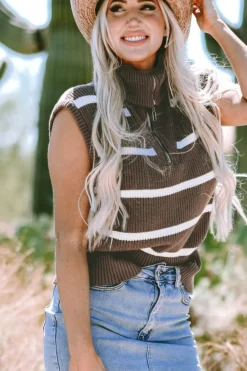 Hot Dear-Lover Zipped Collar Cap Sleeve Knit Top Brown Stripe