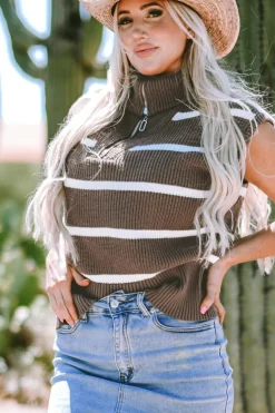 Hot Dear-Lover Zipped Collar Cap Sleeve Knit Top Brown Stripe