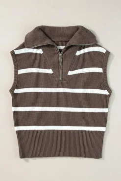 Hot Dear-Lover Zipped Collar Cap Sleeve Knit Top Brown Stripe