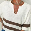 Hot Dear-Lover d Accent Notched V Neck Cropped Sweater T Shirt Brown Stripe