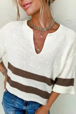 Hot Dear-Lover d Accent Notched V Neck Cropped Sweater T Shirt Brown Stripe