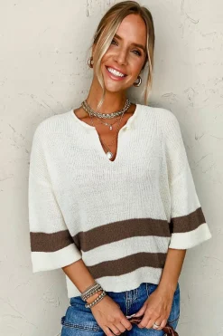 Hot Dear-Lover d Accent Notched V Neck Cropped Sweater T Shirt Brown Stripe