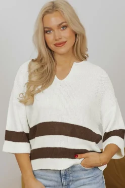 Hot Dear-Lover d Accent Notched V Neck Cropped Sweater T Shirt Brown Stripe
