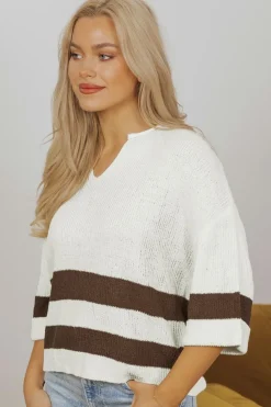 Hot Dear-Lover d Accent Notched V Neck Cropped Sweater T Shirt Brown Stripe