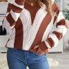 Fashion Dear-Lover Striped Colorblock V Neck Knitted Sweater Brown