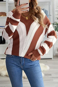 Fashion Dear-Lover Striped Colorblock V Neck Knitted Sweater Brown