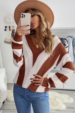 Fashion Dear-Lover Striped Colorblock V Neck Knitted Sweater Brown