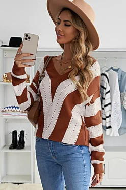 Fashion Dear-Lover Striped Colorblock V Neck Knitted Sweater Brown