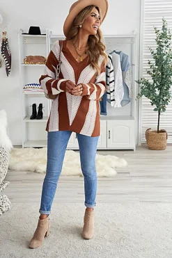 Fashion Dear-Lover Striped Colorblock V Neck Knitted Sweater Brown