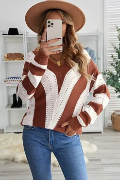 Fashion Dear-Lover Striped Colorblock V Neck Knitted Sweater Brown