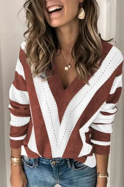 Fashion Dear-Lover Striped Colorblock V Neck Knitted Sweater Brown