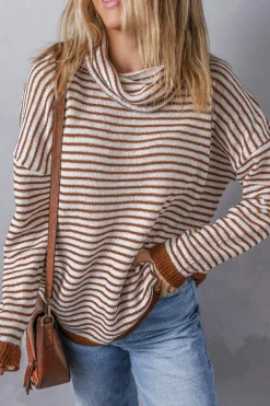 Clearance Dear-Lover Striped Turtleneck Loose Sweater Brown