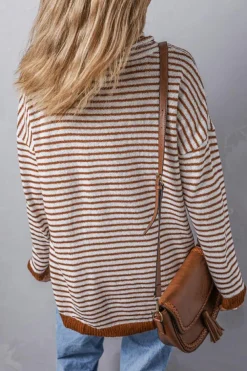 Clearance Dear-Lover Striped Turtleneck Loose Sweater Brown