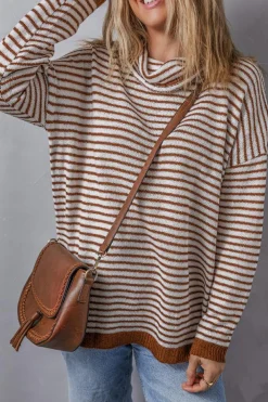 Clearance Dear-Lover Striped Turtleneck Loose Sweater Brown
