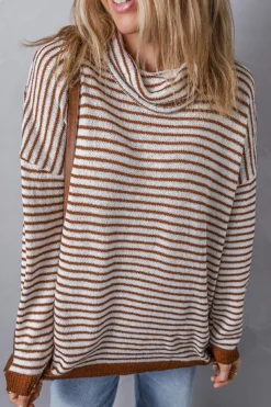Clearance Dear-Lover Striped Turtleneck Loose Sweater Brown