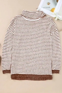 Clearance Dear-Lover Striped Turtleneck Loose Sweater Brown