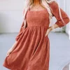 Fashion Dear-Lover Suede Square Neck Puff Sleeve Dress Brown