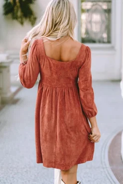 Fashion Dear-Lover Suede Square Neck Puff Sleeve Dress Brown