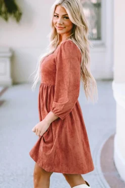 Fashion Dear-Lover Suede Square Neck Puff Sleeve Dress Brown