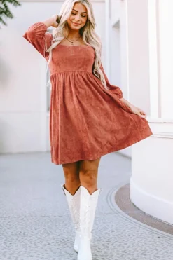 Fashion Dear-Lover Suede Square Neck Puff Sleeve Dress Brown
