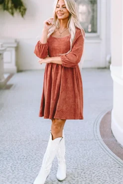 Fashion Dear-Lover Suede Square Neck Puff Sleeve Dress Brown
