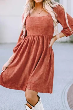 Fashion Dear-Lover Suede Square Neck Puff Sleeve Dress Brown