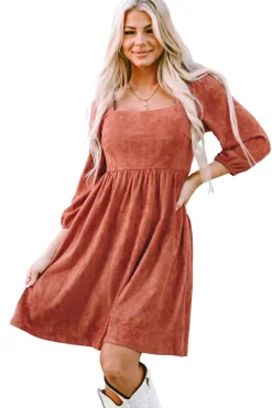 Fashion Dear-Lover Suede Square Neck Puff Sleeve Dress Brown