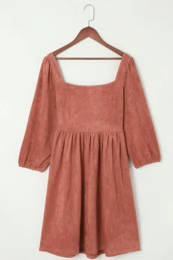 Fashion Dear-Lover Suede Square Neck Puff Sleeve Dress Brown